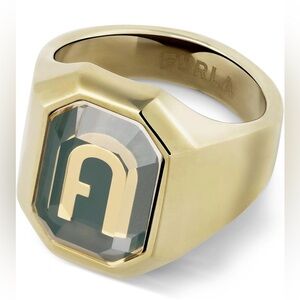 Furla Gold Statement Ring with Clear Stone and Gold Logo